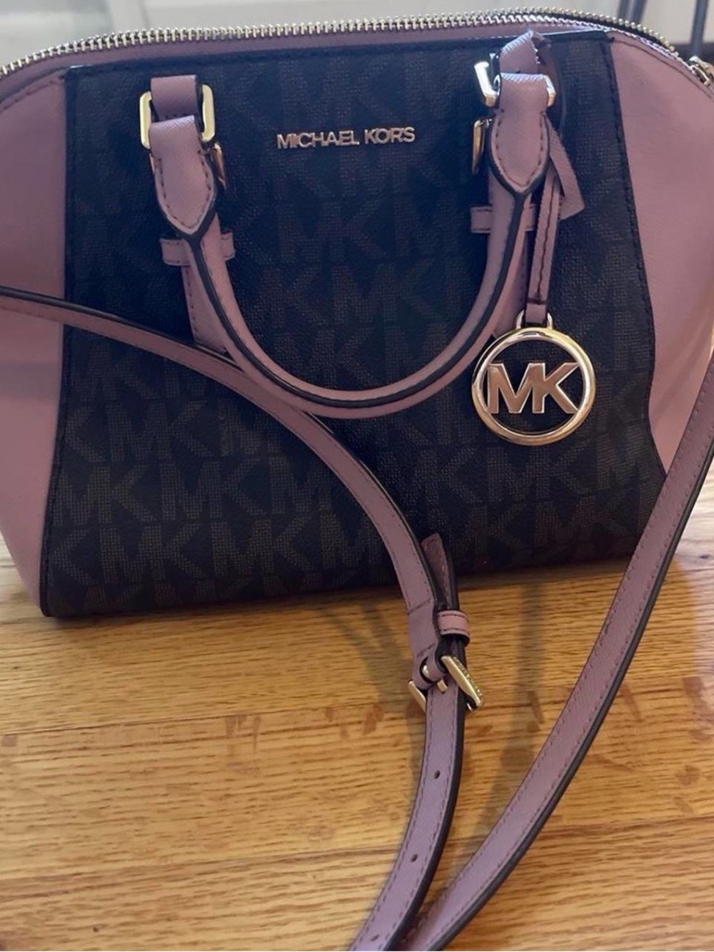 Michael Kors Pink and Brown Logo Dome Satchel
